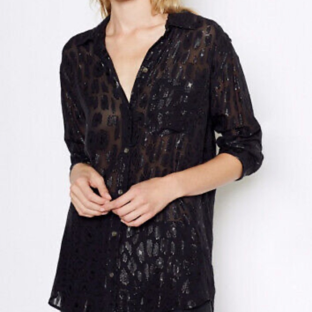 EQUIPMENT Black Daddy Cheetah Metallic Silk Button Down Shirt Top Blouse